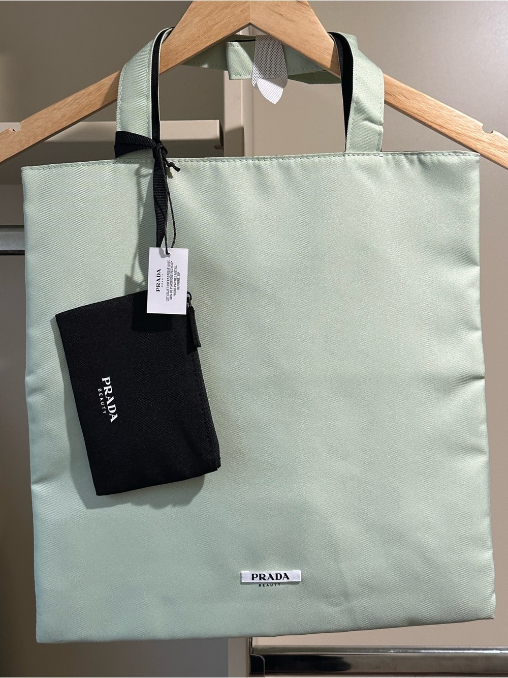 Prada Beauty Mint Green Tote with Black Zip Pouch